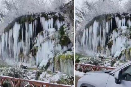 Cascada termala de la Toplita a inghetat