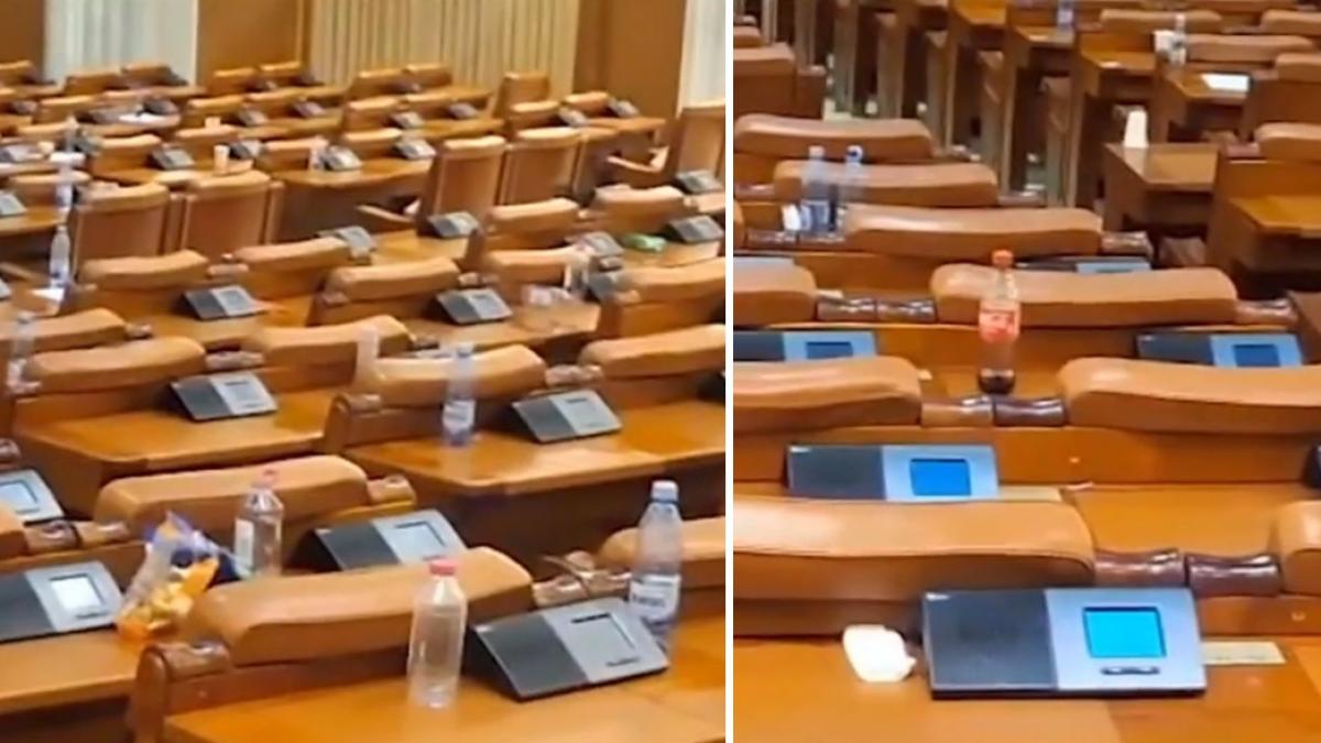 Parlamentarii au parasit sala de plen lasandu o plina de mizerie dupa dezbaterile pe buget cutii de pizza pungi