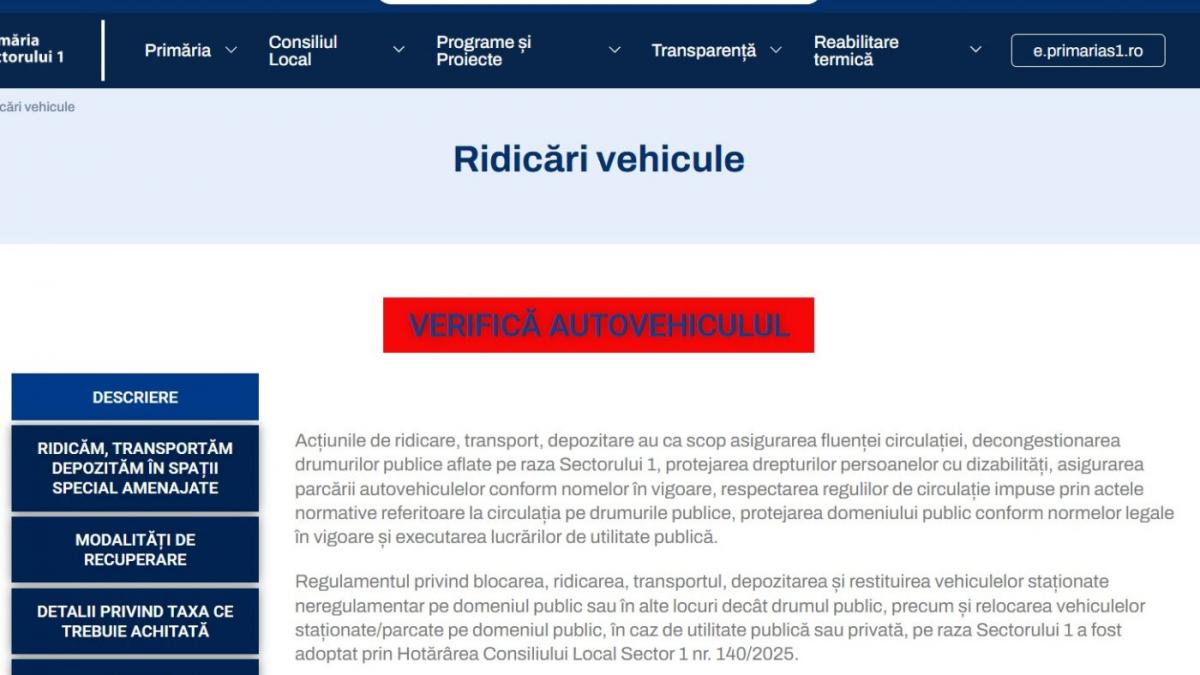 Primaria Sectorului 1 lanseaza un serviciu online pentru verificarea autoturismelor ridicate de pe domeniul