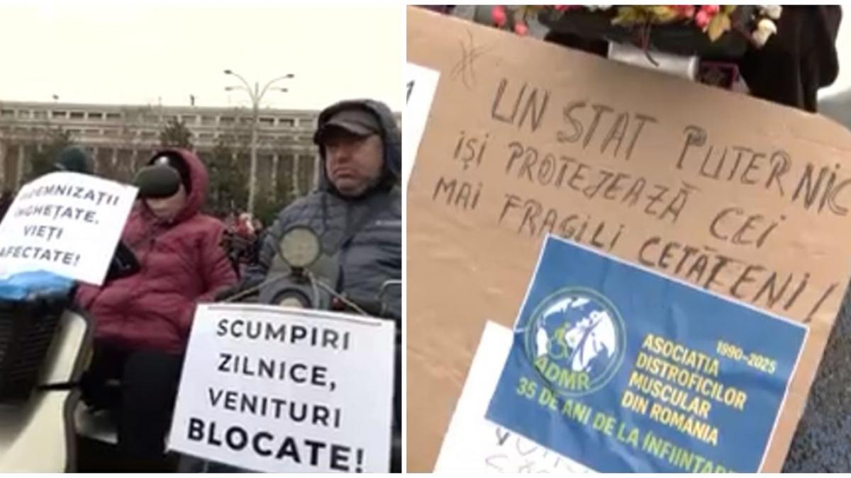 Sute de persoane cu dizabilitati protesteaza in Piata Victoriei nemultumite de conditiile