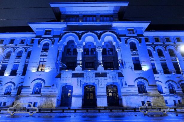 Imagini cu sediul Primariei Bucuresti iluminat in albastru cu ocazia Zilei Internationale de